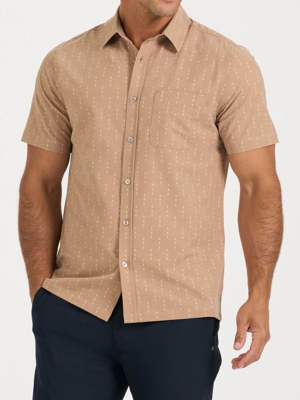 Vuori Men's Short Sleeve Button-Down Shirt in Tan with Subtle Cream Dashes